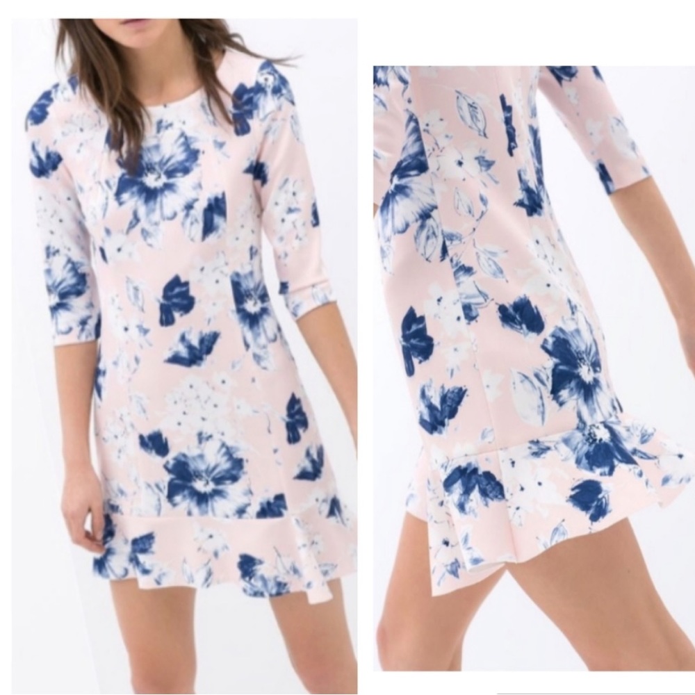 ZARA Pink & Blue Floral Neoprene Scuba Fitted Ruffle Trim Mini Dress